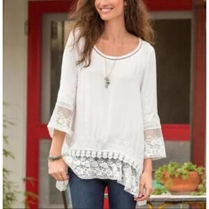 SUNDANCE Betrothed Embroidered Lace Tunic Women's L Large Ivory Cottagecore